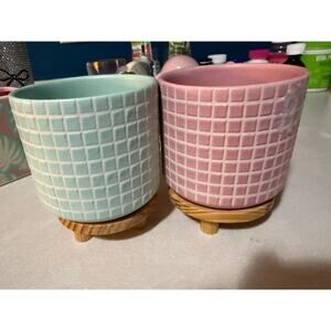 2 pack round ceramic flower pot with wood base